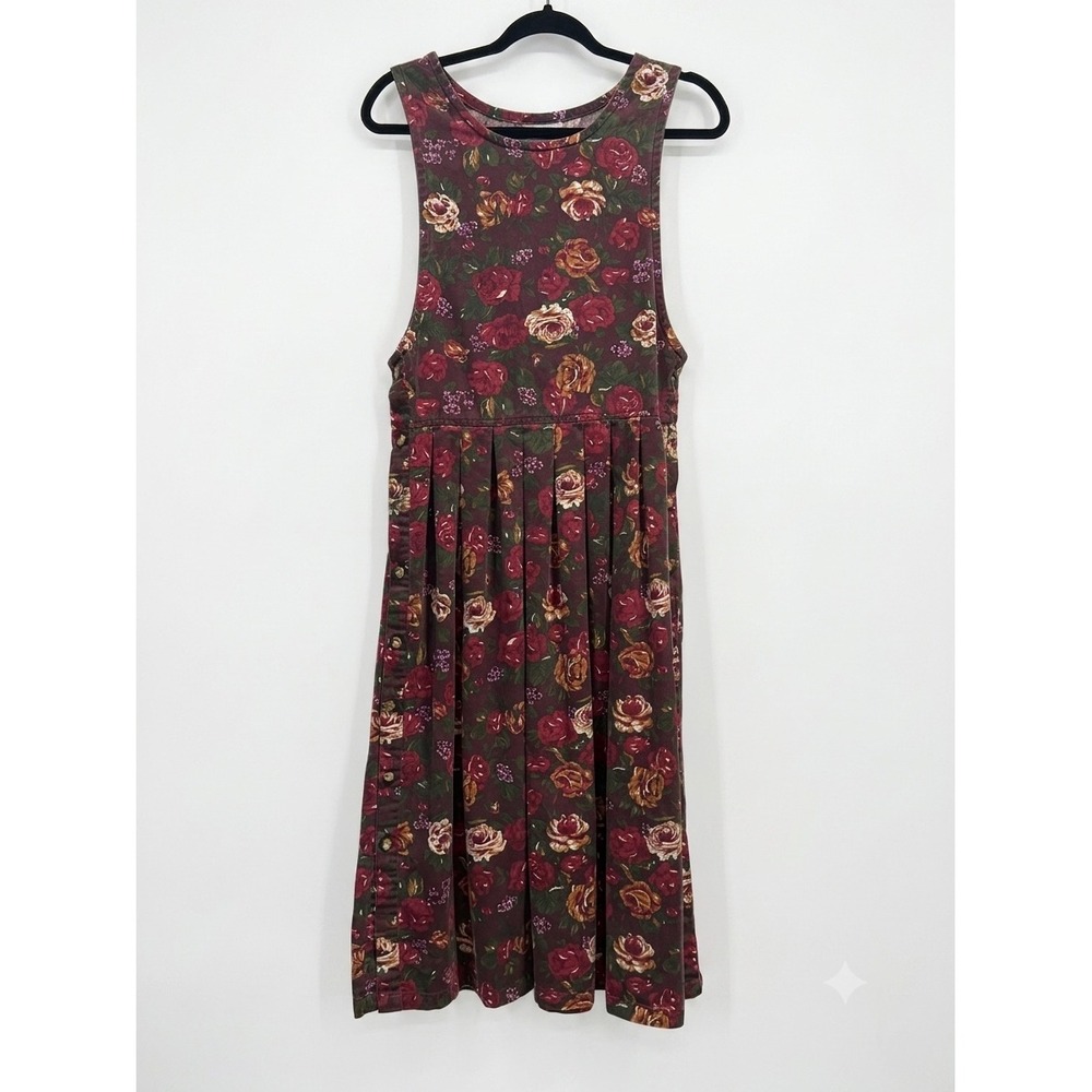 Vintage Pierre Cardin Floral Cotton Pinafore Jumper Dress Burgundy Rose Small
